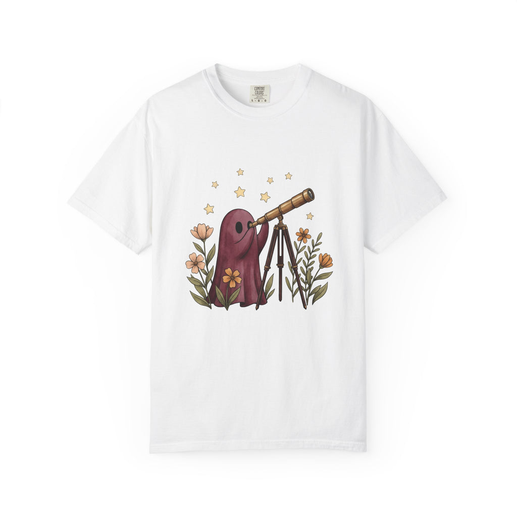 Ghost Telescope T-Shirt Boho Chic Celestial Gift Women Whimsical T-Shirt Spyglass T-Shirt Bohemian Fan Fantasy T-Shirt Galaxy Graphic Vintage