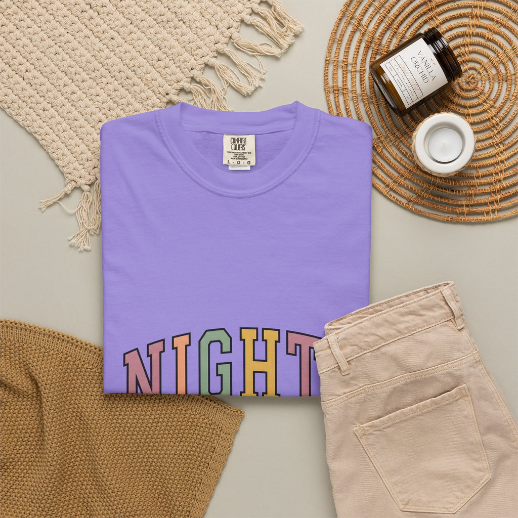 Varsity Lettering Design T-Shirt Nurses Graveyard Shift Gift Women Pale Hues T-Shirt Letterman T-Shirt Nursing Enthusiast Pastel T-Shirt Night