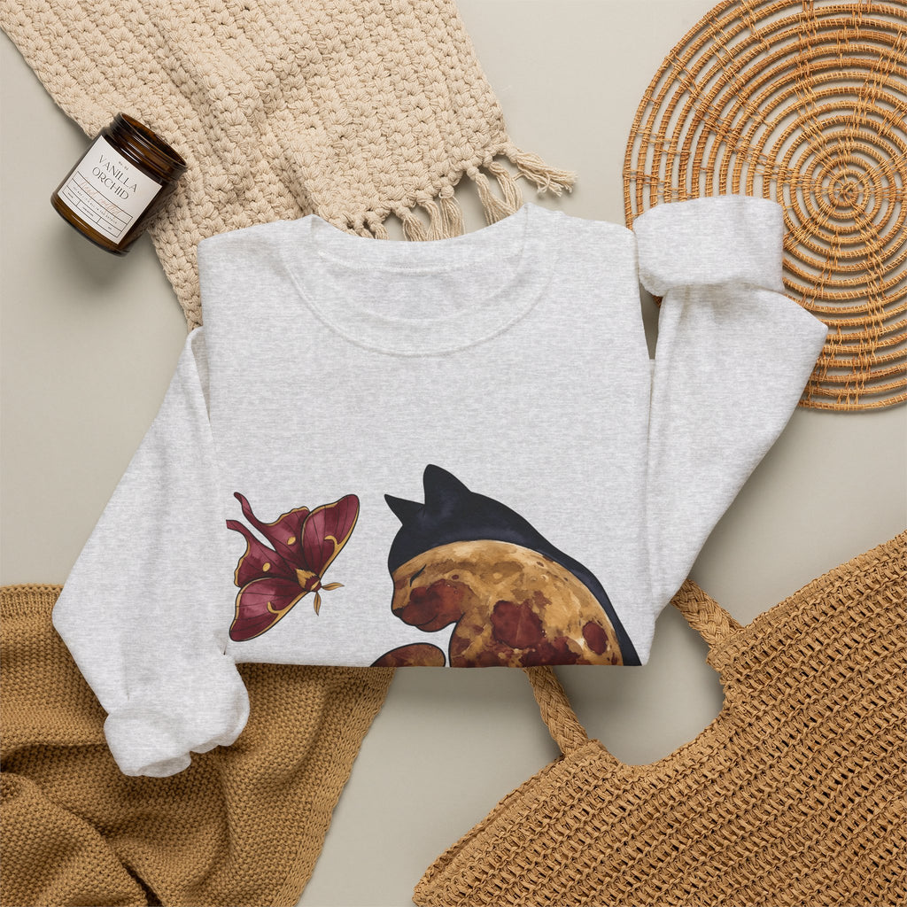 Night Cat Sweatshirt Cat Cosmos Gift Women Paint Sweatshirt Kitty Sweatshirt Cat Fan Artistic Sweatshirt Universe Graphic Galaxy Moth Sweatshirt