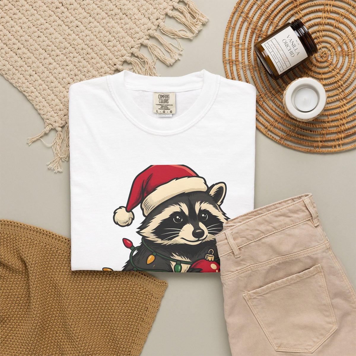 Raccoon Holiday Hat T-Shirt Christmas Creatures Gift Women Comic T-Shirt Trash Panda T-Shirt Xmas Fan Cartoon T-Shirt Animal Graphic Line Art