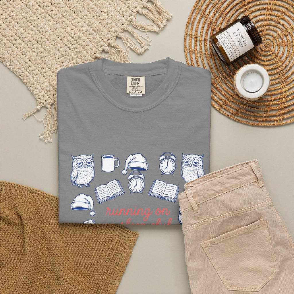Sleepy Owl T-Shirt Mom Book Gift Women Hand Drawn T-Shirt Owl T-Shirt Mother Fan Owl T-Shirt Bibliophile Graphic Doodle Coffee T-Shirt T-Shirt