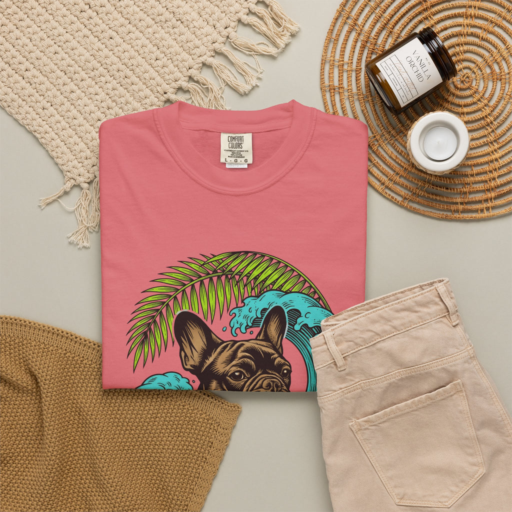 French Bulldog T-Shirt Dog Seaside Gift Women Illustrative T-Shirt Bulldog T-Shirt Dog Fan Frenchie T-Shirt Coastal Graphic Sketch Island Flower