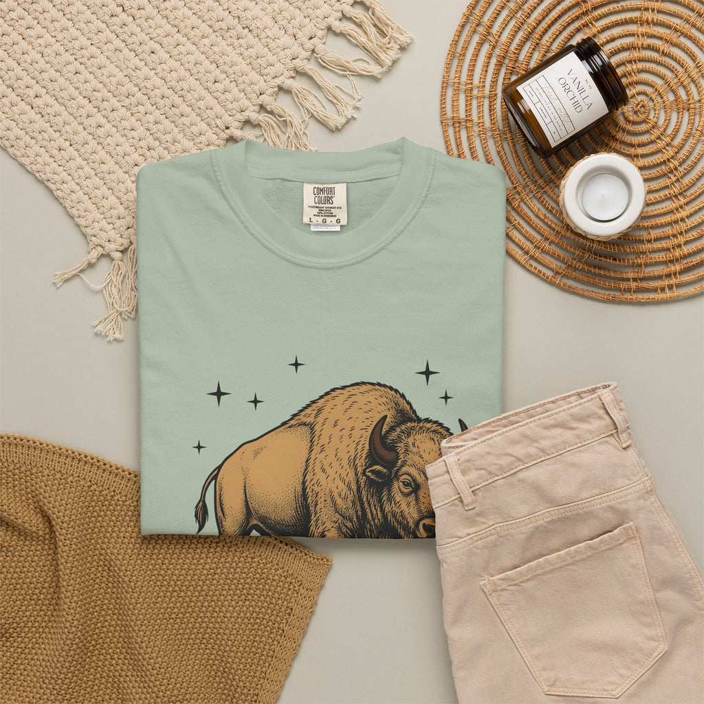 Buffalo Art T-Shirt Animal Environment Gift Women Rustic T-Shirt Bison T-Shirt Wildlife Fan Primitive T-Shirt Eco Graphic Line Art Star Symbols