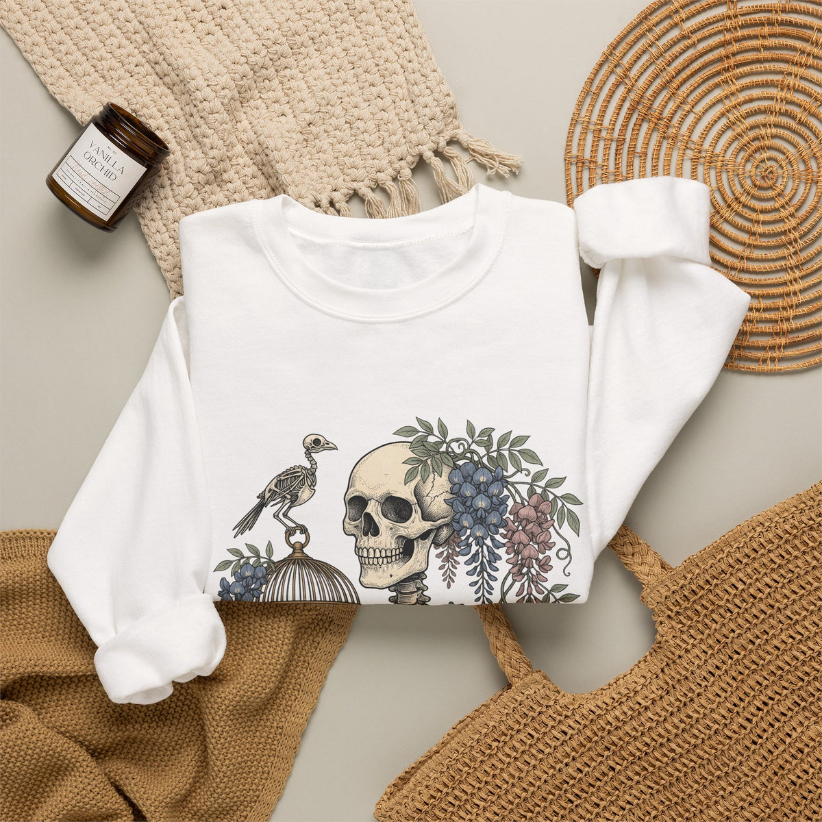 Bone Bloom Sweatshirt Halloween Dark Art Gift Women Rustic Sweatshirt Skeleton Sweatshirt Horror Fan Gothic Sweatshirt Macabre Graphic Doodle Aviary Sweatshirt
