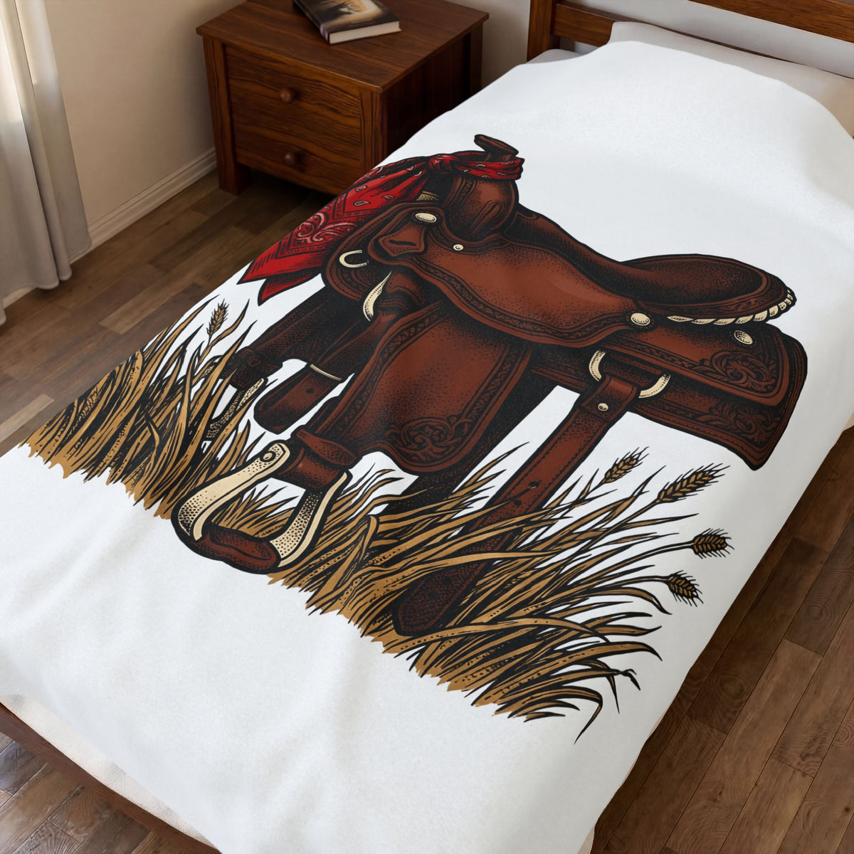 Western Saddle Cowgirl Western Gift Vintage Saddle Cowboy Fan Rodeo Hand Drawn Wheat Blanket