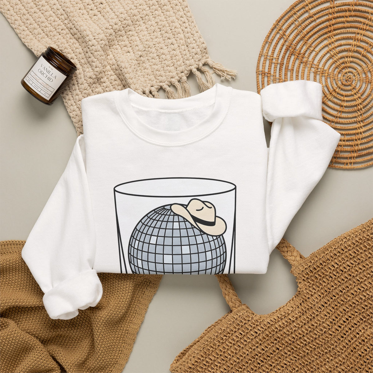 Disco Ball Glass Sweatshirt Cowgirl Festivity Gift Women Cartoon Sweatshirt Mirror Ball Sweatshirt Rodeo Fan Comic Sweatshirt Party Graphic Hand Drawn Cowboy