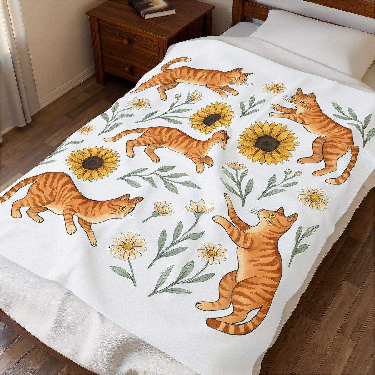 Ginger Cats Blanket Cat Flower Gift Women Cartoon Blanket Orange Cat Blanket Cat Fan Feline Graphic Illustration Comic Blanket Sketch Sunflower