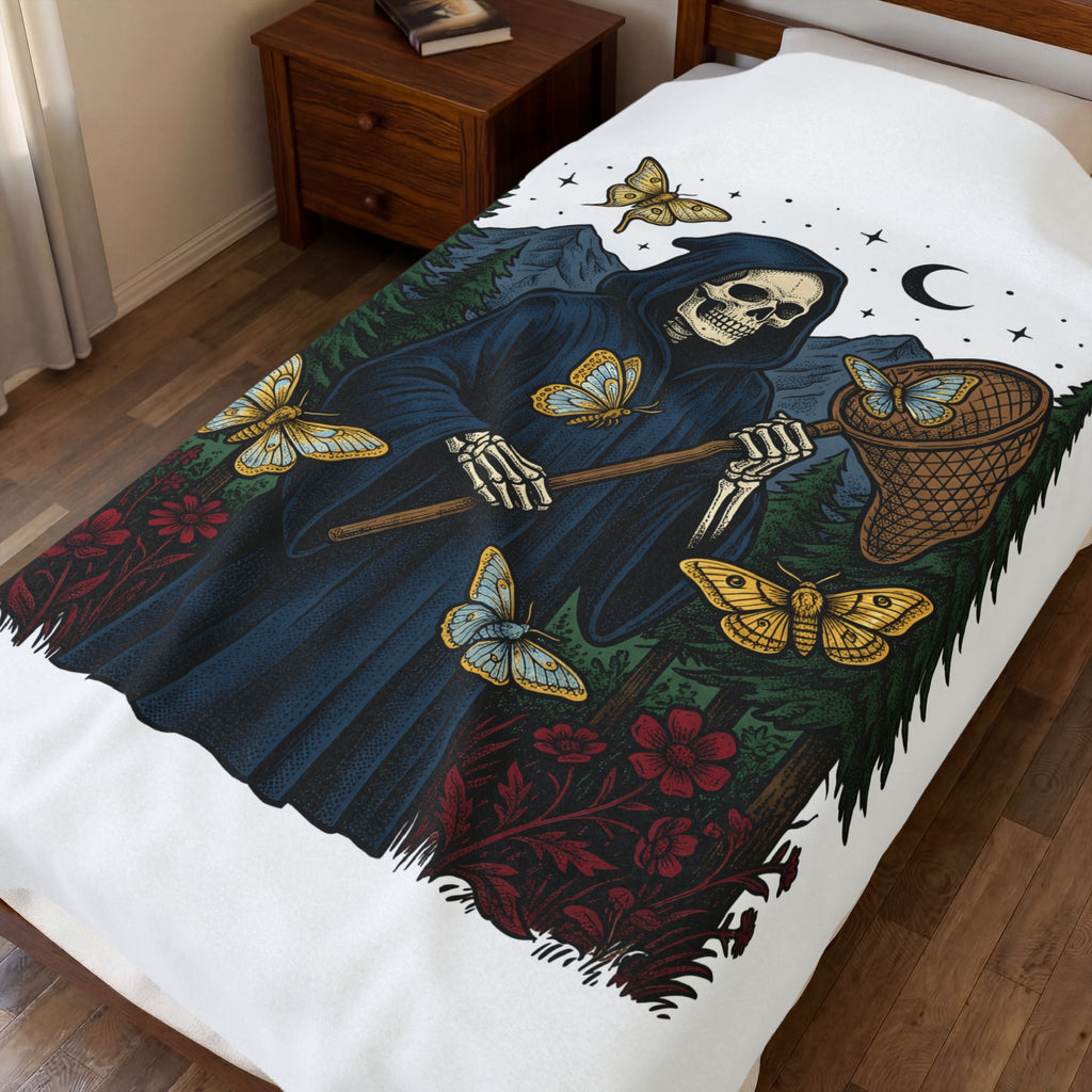 Grim Reaper Blanket Gothic Nature Gift Women Vintage Blanket Death Blanket Dark Fan Retro Blanket Environmental Graphic Hand Drawn Butterfly Blanket