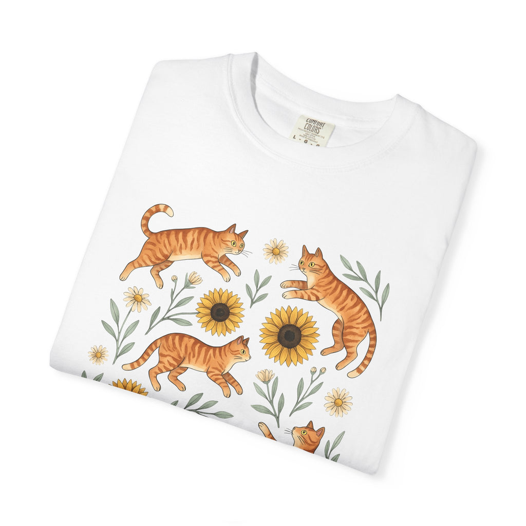 Ginger Cats T-Shirt Cat Flower Gift Women Cartoon T-Shirt Orange Cat T-Shirt Cat Fan Feline Graphic Illustration Comic T-Shirt Sketch Sunflower