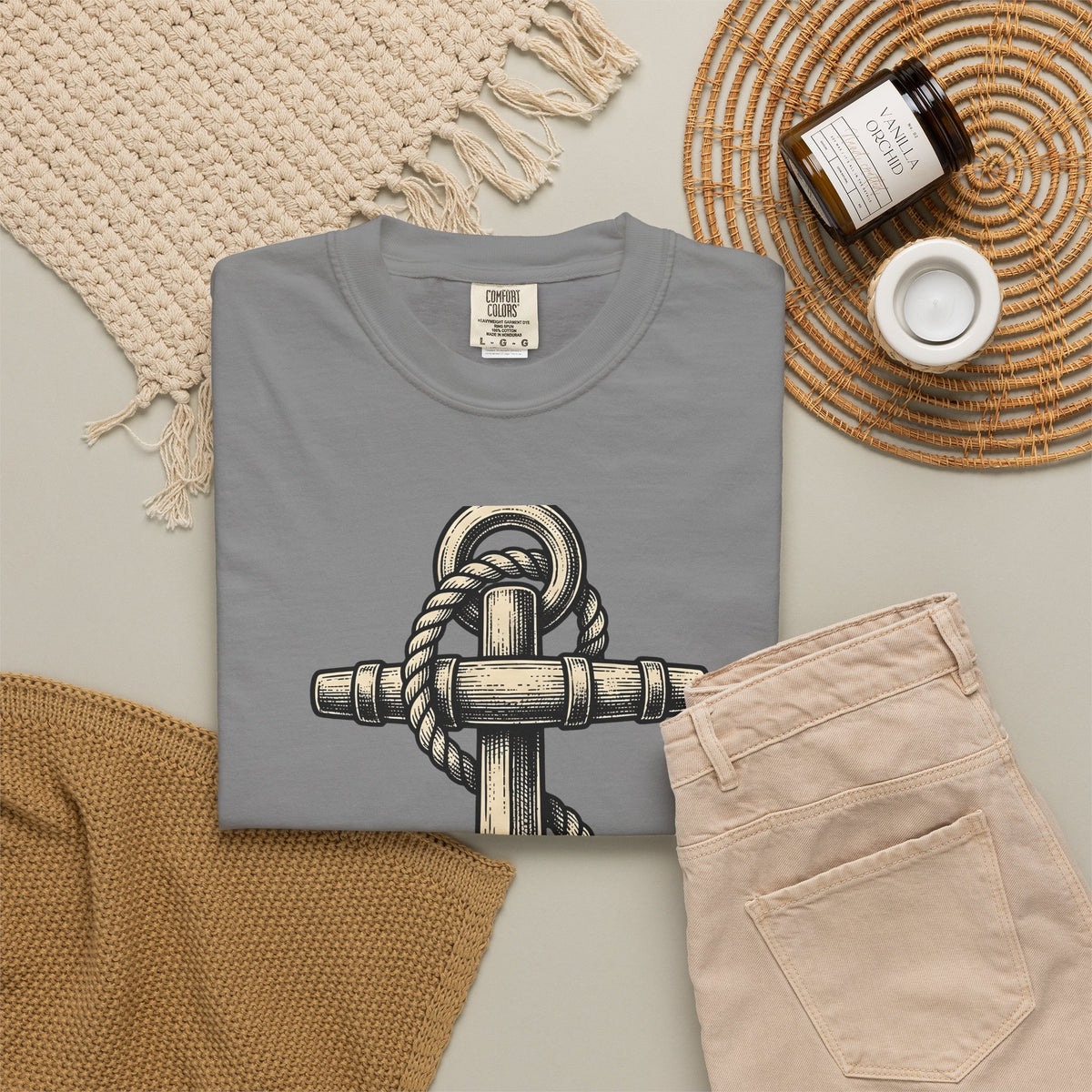 Anchor Line Nautical Beach Gift Old School Rope Sailor Fan Mooring Outline Seaside T-Shirt