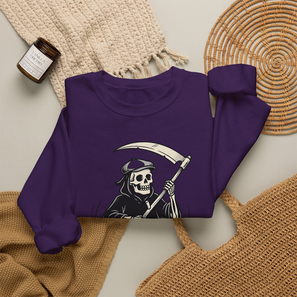 Reaper Skull Sweatshirt Halloween Cranium Gift Women Animated Sweatshirt Grim Reaper Sweatshirt Horror Fan Death Skull Graphic Sweatshirt Old School Sickle