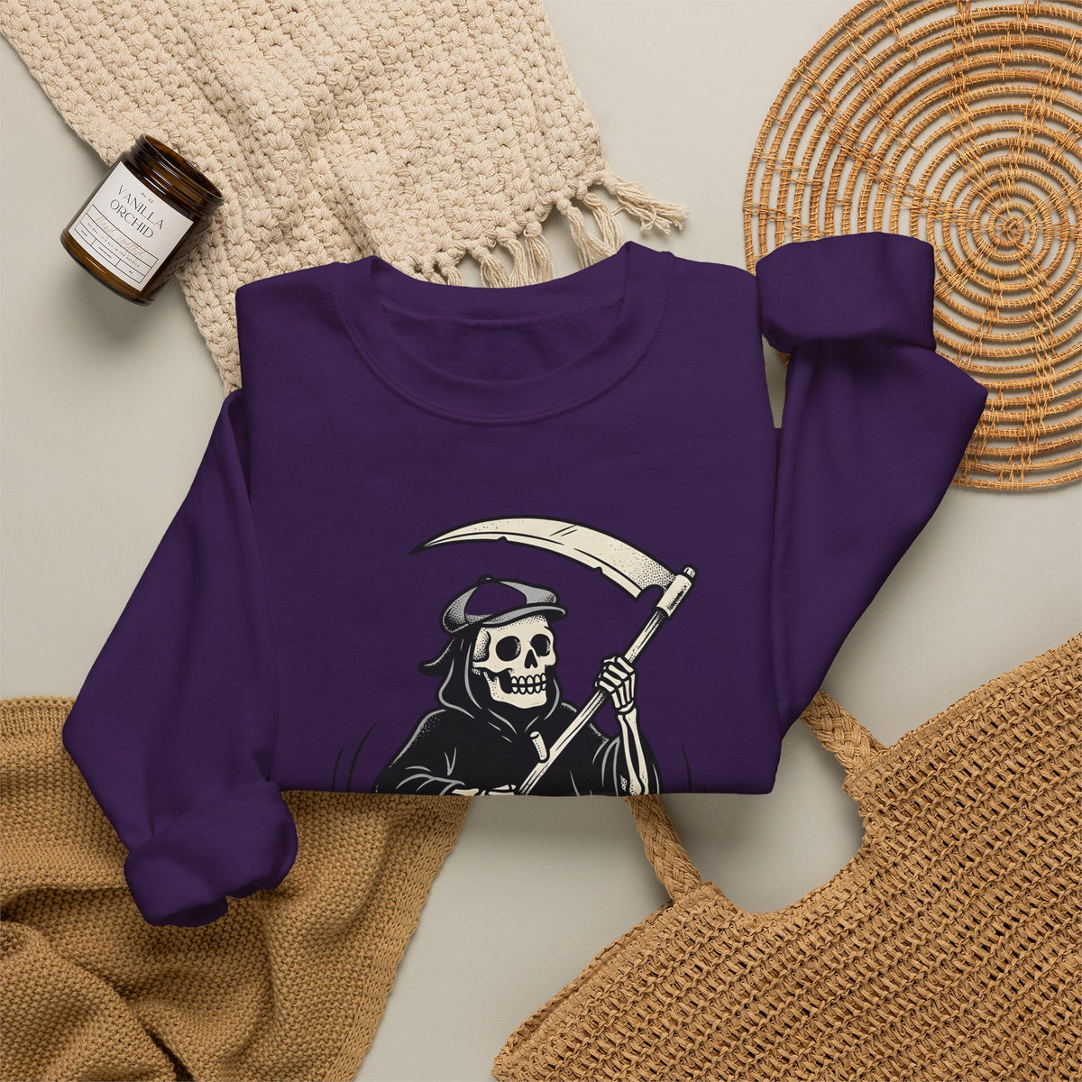 Reaper Skull Sweatshirt Halloween Cranium Gift Women Animated Sweatshirt Grim Reaper Sweatshirt Horror Fan Death Skull Graphic Sweatshirt Old School Sickle