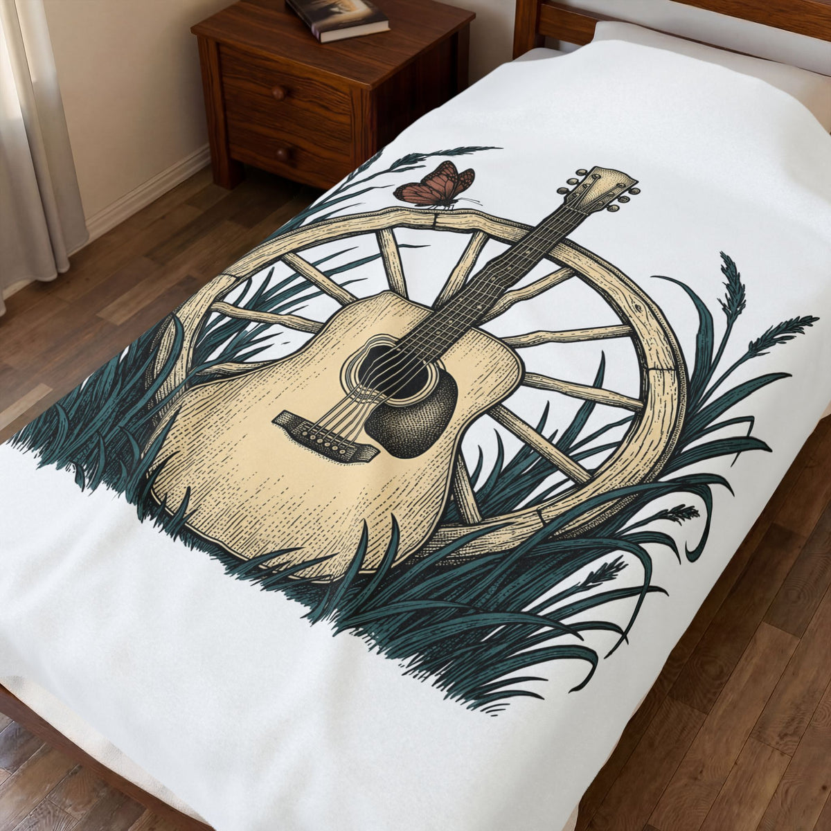 Acoustic Guitar Blanket Cowgirl Country Gift Women Farmhouse Blanket Guitar Blanket Cowboy Fan Rustic Blanket Country Graphic Retro Carriage Wheel