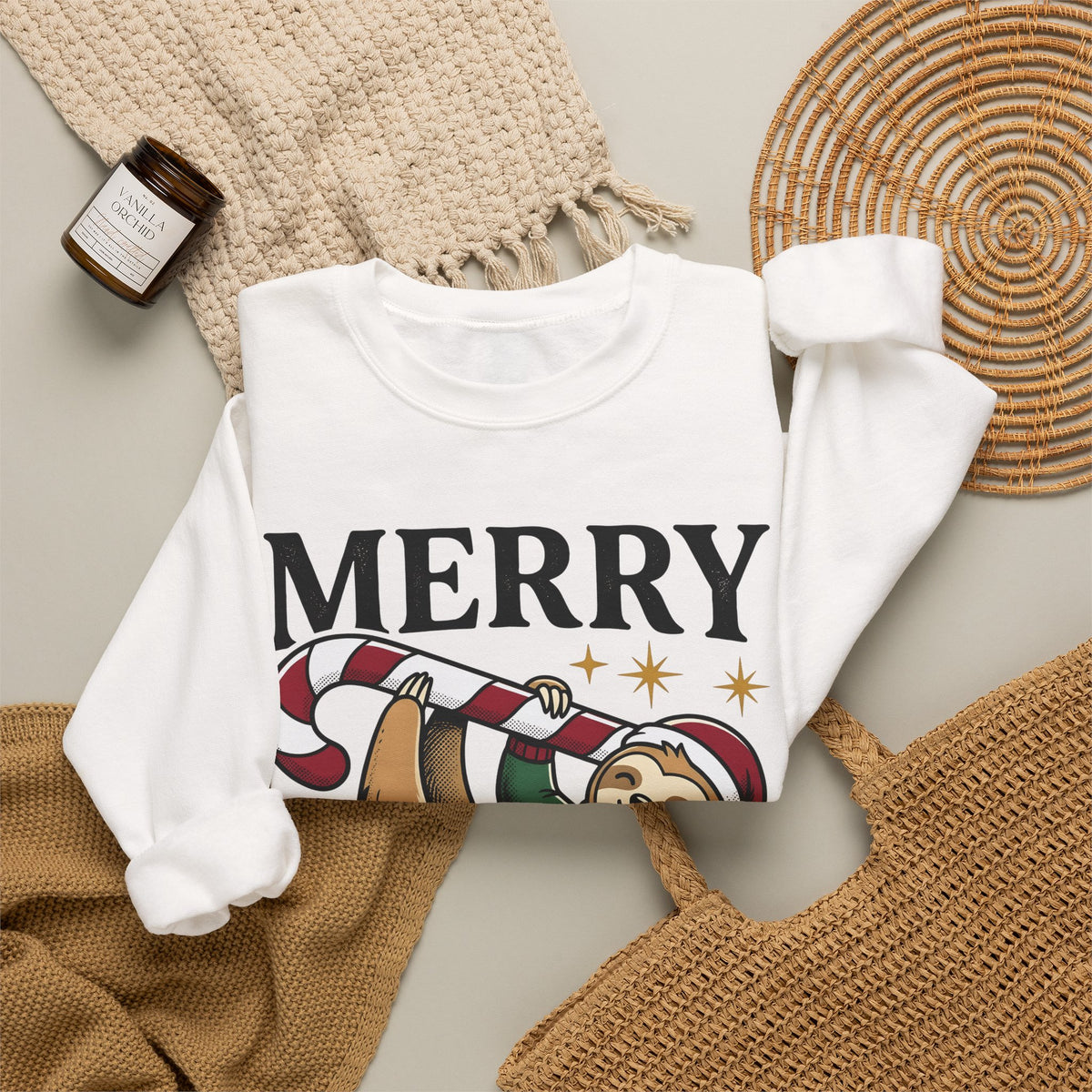 Sloth Festive Cane Sweatshirt Christmas Critter Gift Women Doodle Sweatshirt Sloth Sweatshirt Xmas Fan Hand Drawn Sweatshirt Creature Graphic Nostalgic Box