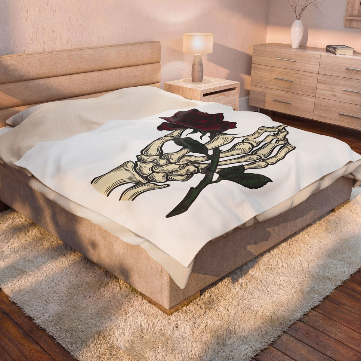 Skeleton Hand Blanket Halloween Gothic Gift Women Tattoo Blanket Bony Finger Blanket Horror Fan Ink Blanket Dark Graphic Vintage Rose Blanket