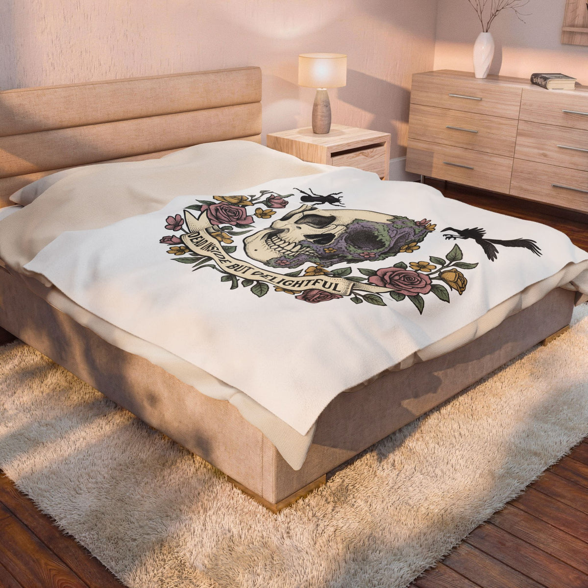 Bone Flower Halloween Occult Gift Neo Traditional Skeleton Horror Fan Tattoo Mystic Hand Drawn Blanket