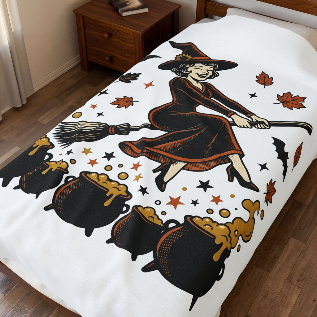 Witch Broomstick Blanket Halloween Spellcraft Gift Women Hand Drawn Blanket Broomstick Blanket Horror Fan Hand Drawn Blanket Magical Graphic Old