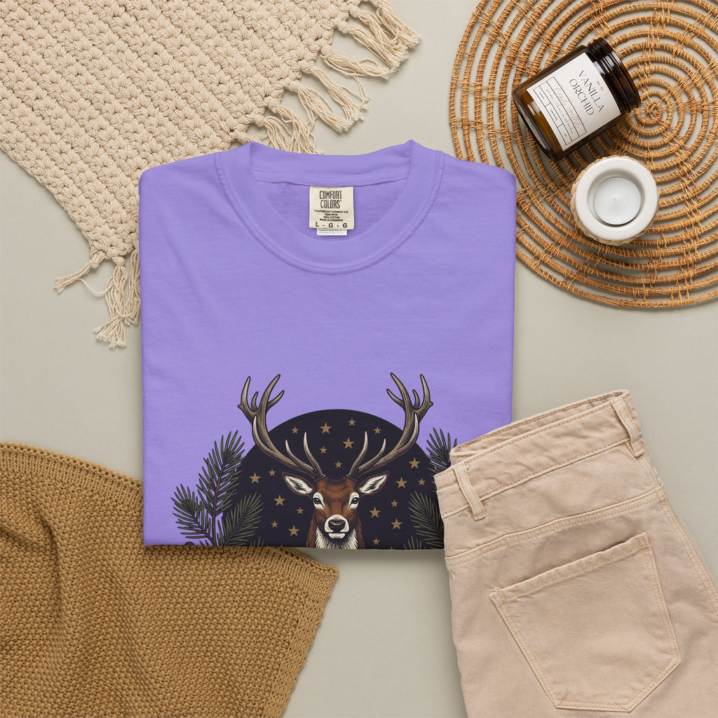 Elk Design T-Shirt Woodland Festive Gift Women Old School T-Shirt Moose T-Shirt Forest Fan Vintage T-Shirt Holiday Graphic Outline Pine Cone T-Shirt