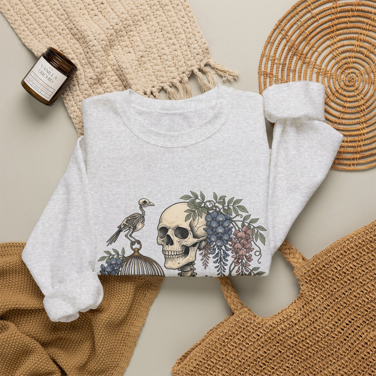 Bone Bloom Sweatshirt Halloween Dark Art Gift Women Rustic Sweatshirt Skeleton Sweatshirt Horror Fan Gothic Sweatshirt Macabre Graphic Doodle Aviary Sweatshirt