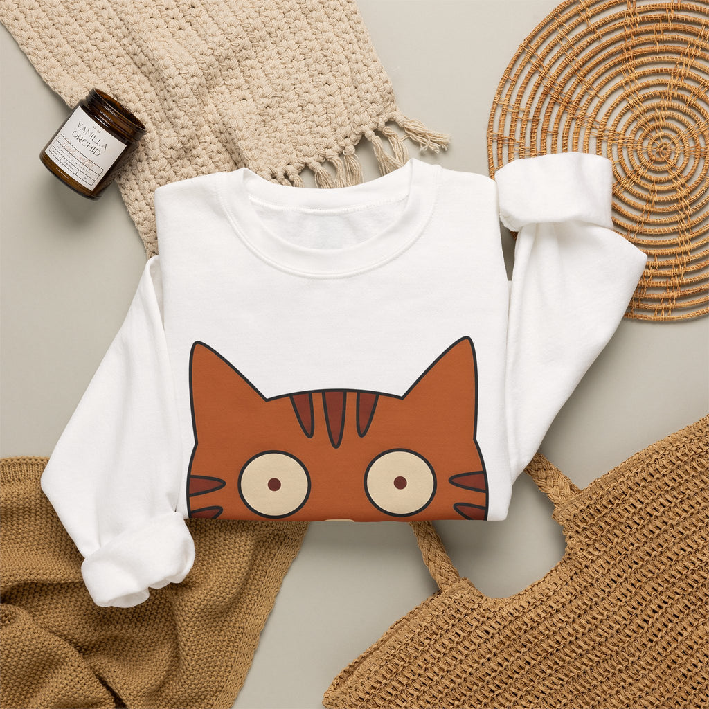 Cat Face Sweatshirt Cat Humor Gift Women Cartoon Sweatshirt Kitten Sweatshirt Cat Fan Toon Sweatshirt Funny Graphic Minimalist Wide Eyes Sweatshirt