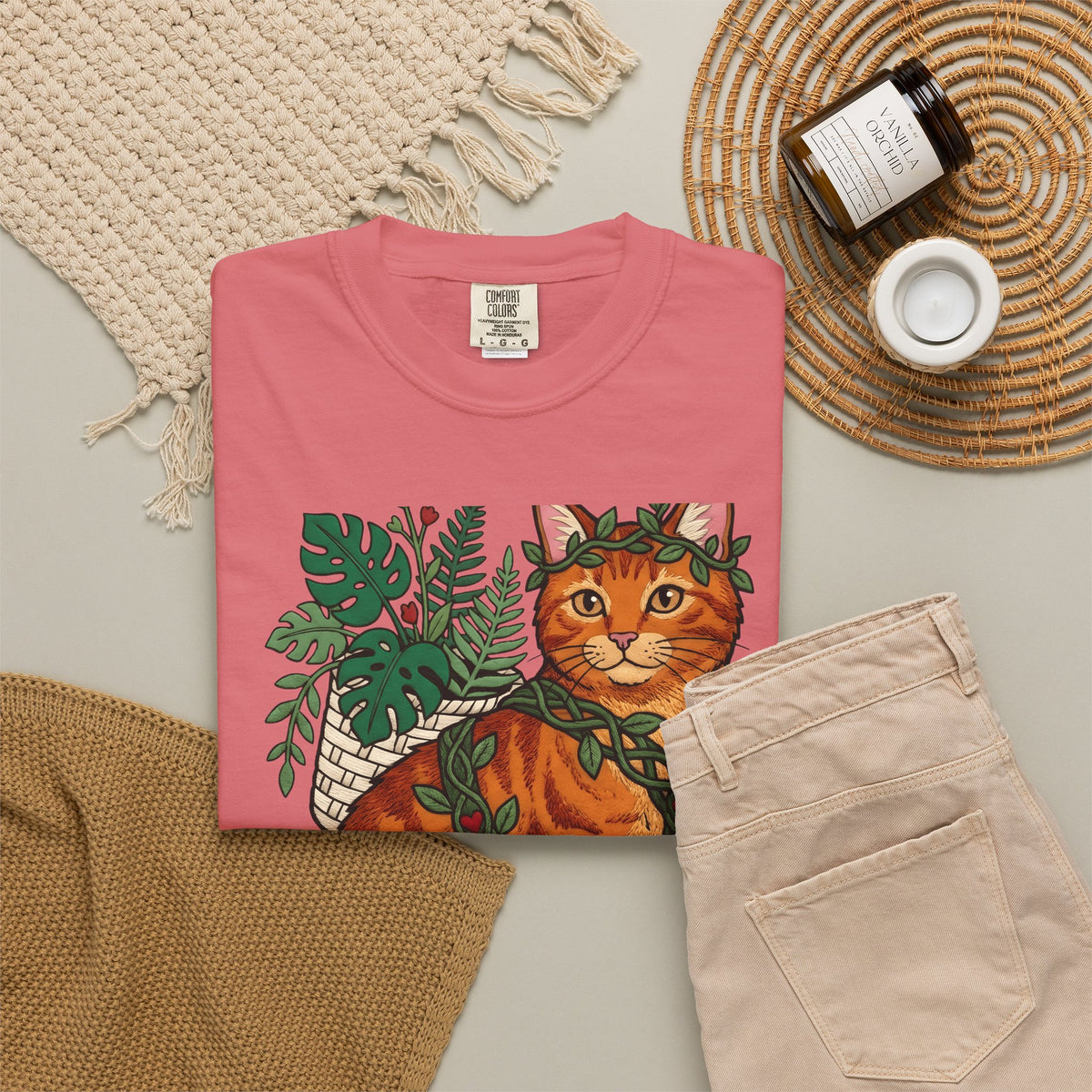 Ginger Cat T-Shirt Cat Wildlife Gift Women Floral T-Shirt Orange Cat T-Shirt Cat Fan Feline Graphic T-Shirt Sketch Indoor Plants T-Shirt