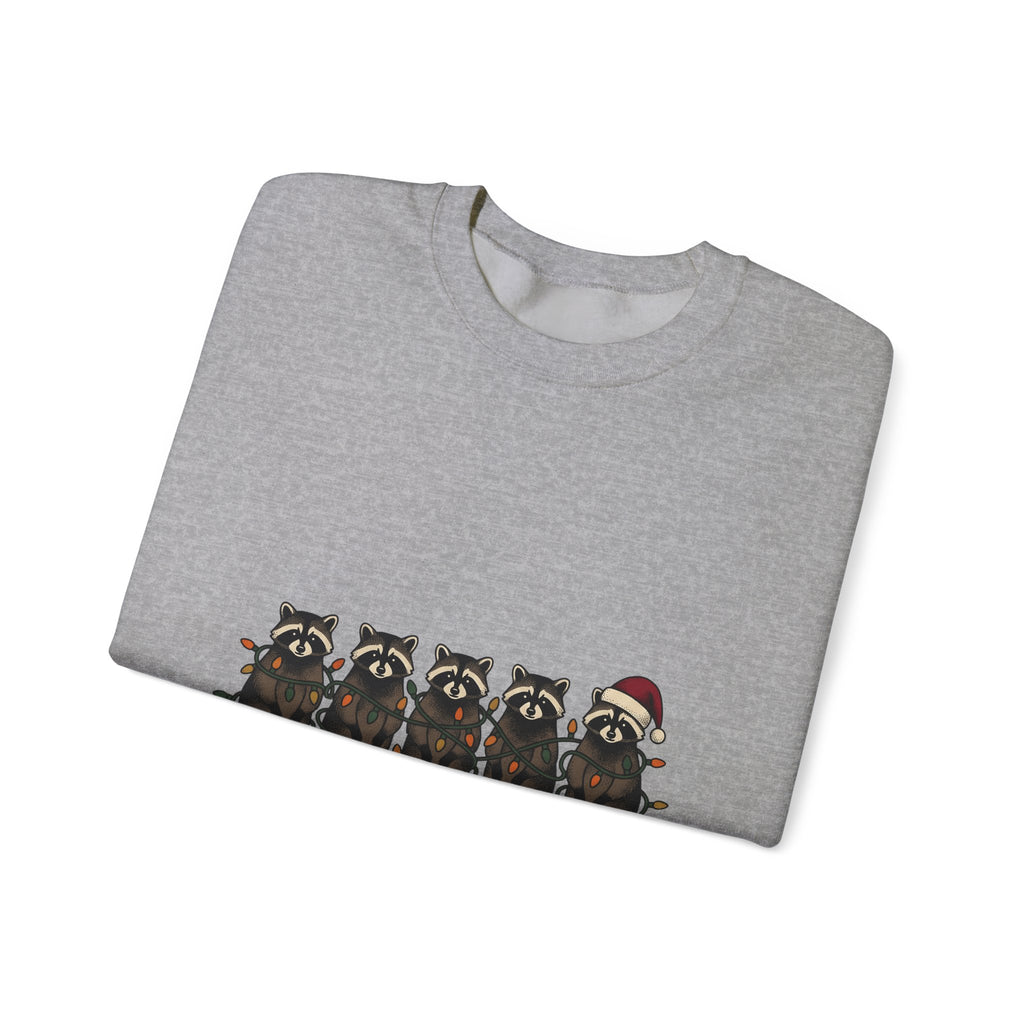 Raccoon Pack Sweatshirt Christmas Wildlife Gift Women Comic Sweatshirt Trash Panda Sweatshirt Xmas Fan Cartoon Sweatshirt Animal Graphic Retro Holiday Lights