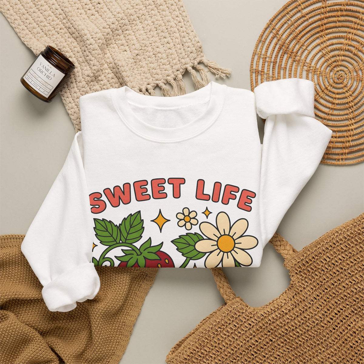 Strawberry Flower Boho Chic Produce Gift Strawberry Hippie Fan Illustrated Fruit Vintage Sweatshirt