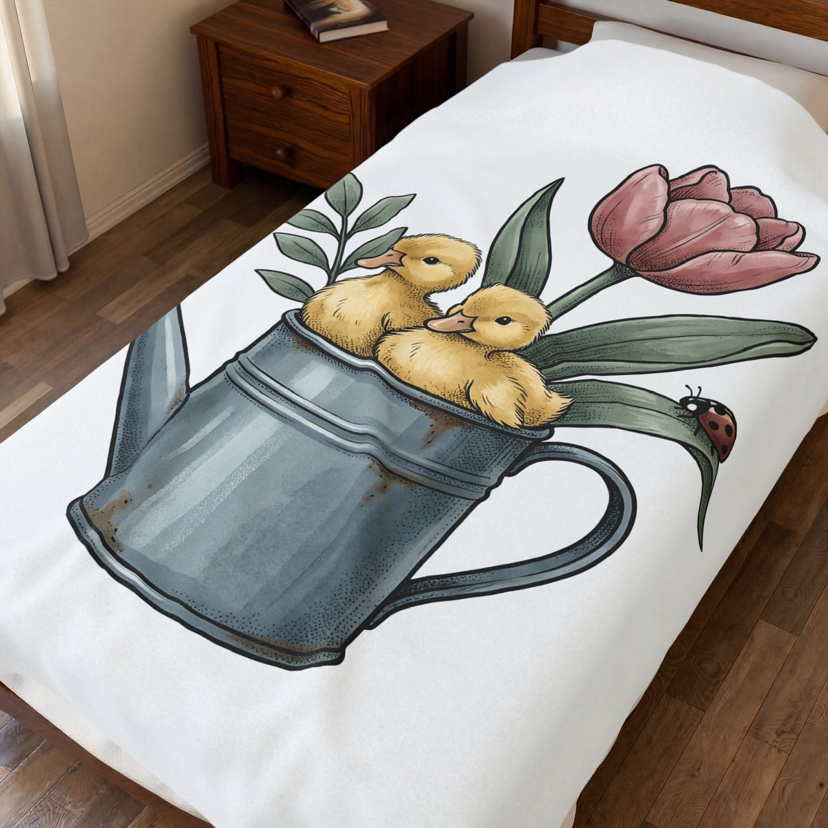 Baby Ducks Watering Pot Blanket Easter Garden Gift Women Sketch Blanket Duckling Blanket Spring Fan Doodle Blanket Gardening Graphic Retro Flower