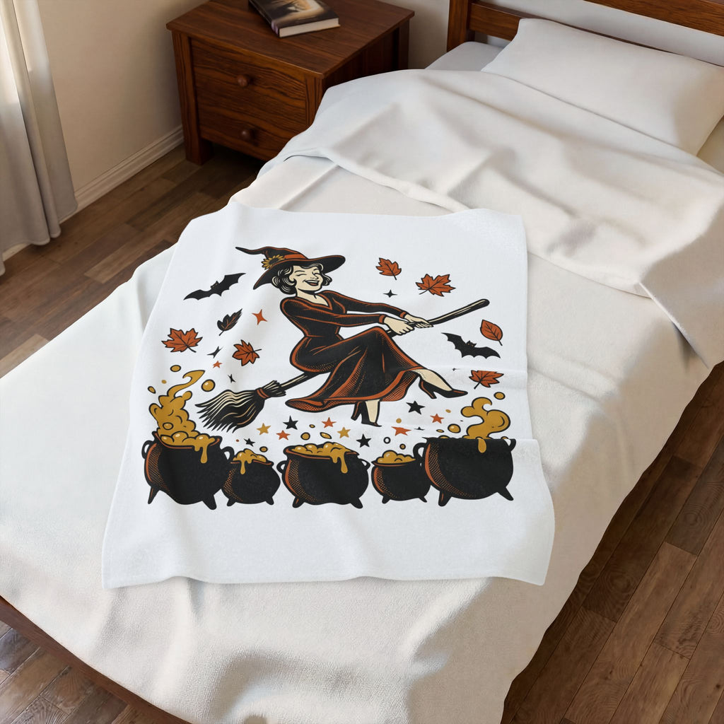 Witch Broomstick Blanket Halloween Spellcraft Gift Women Hand Drawn Blanket Broomstick Blanket Horror Fan Hand Drawn Blanket Magical Graphic Old