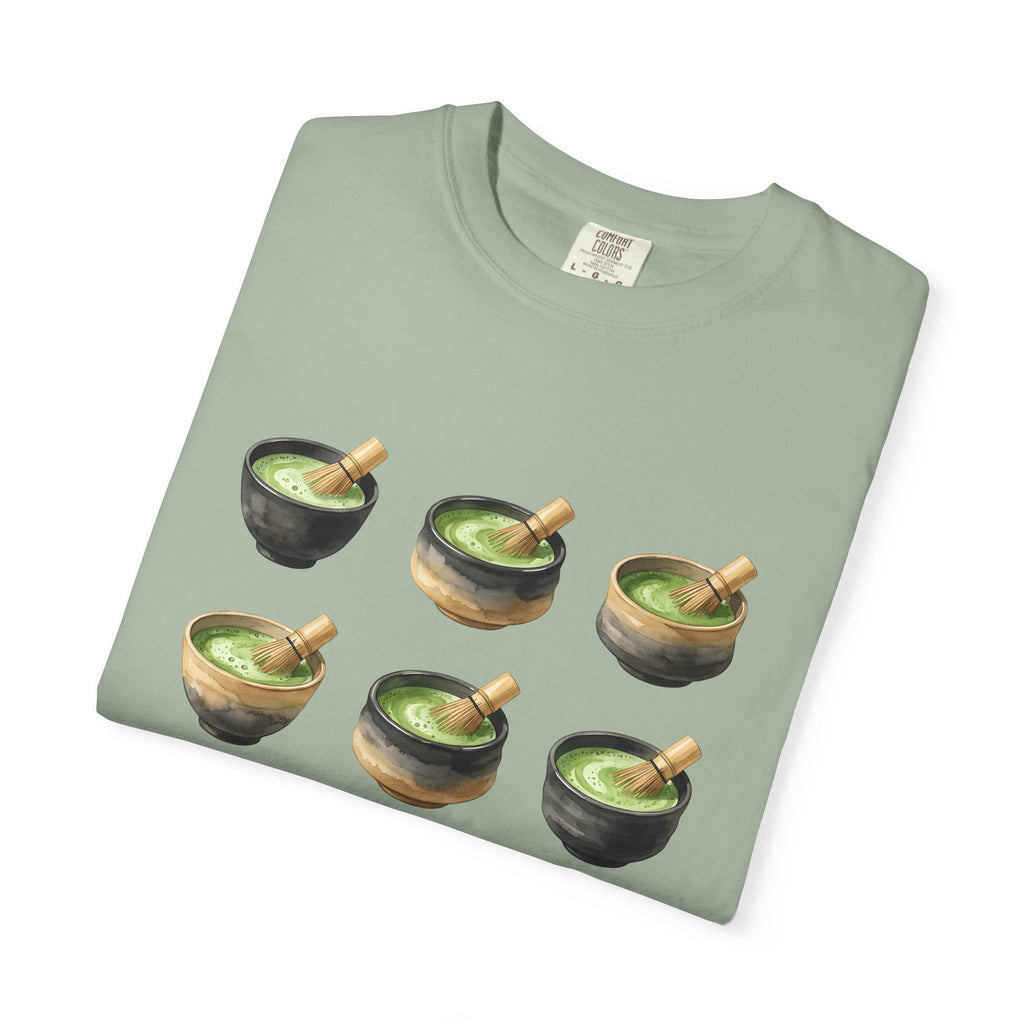 Green Tea Bowls T-Shirt Drinks Infusion Gift Women Gouache T-Shirt Tea Bowls T-Shirt Beverage Fan Watercolor T-Shirt Steeped Graphic Simple Wooden