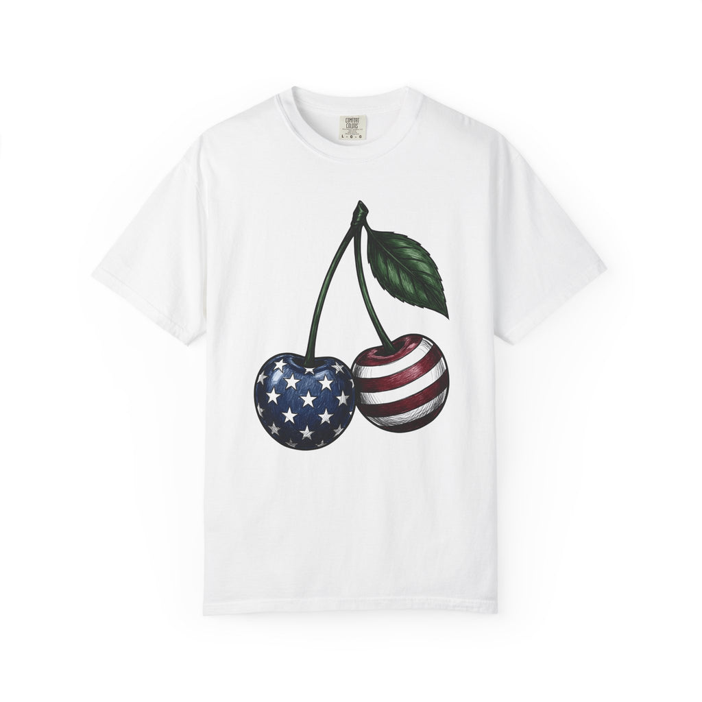Patriotic Cherries T-Shirt America Fruit Gift Women Hand Drawn T-Shirt Cherries T-Shirt American Enthusiast Illustrated Graphic Vintage Leaf