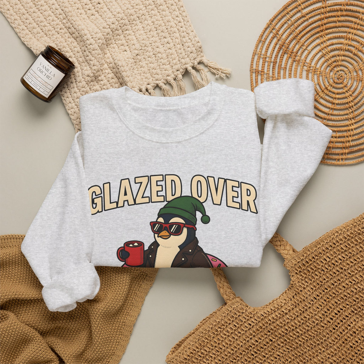 Penguin Treat Sweatshirt Christmas Funny Gift Women Sketch Sweatshirt Penguin Snack Sweatshirt Xmas Fan Doodle Sweatshirt Humor Graphic Hand Drawn Tea Cup