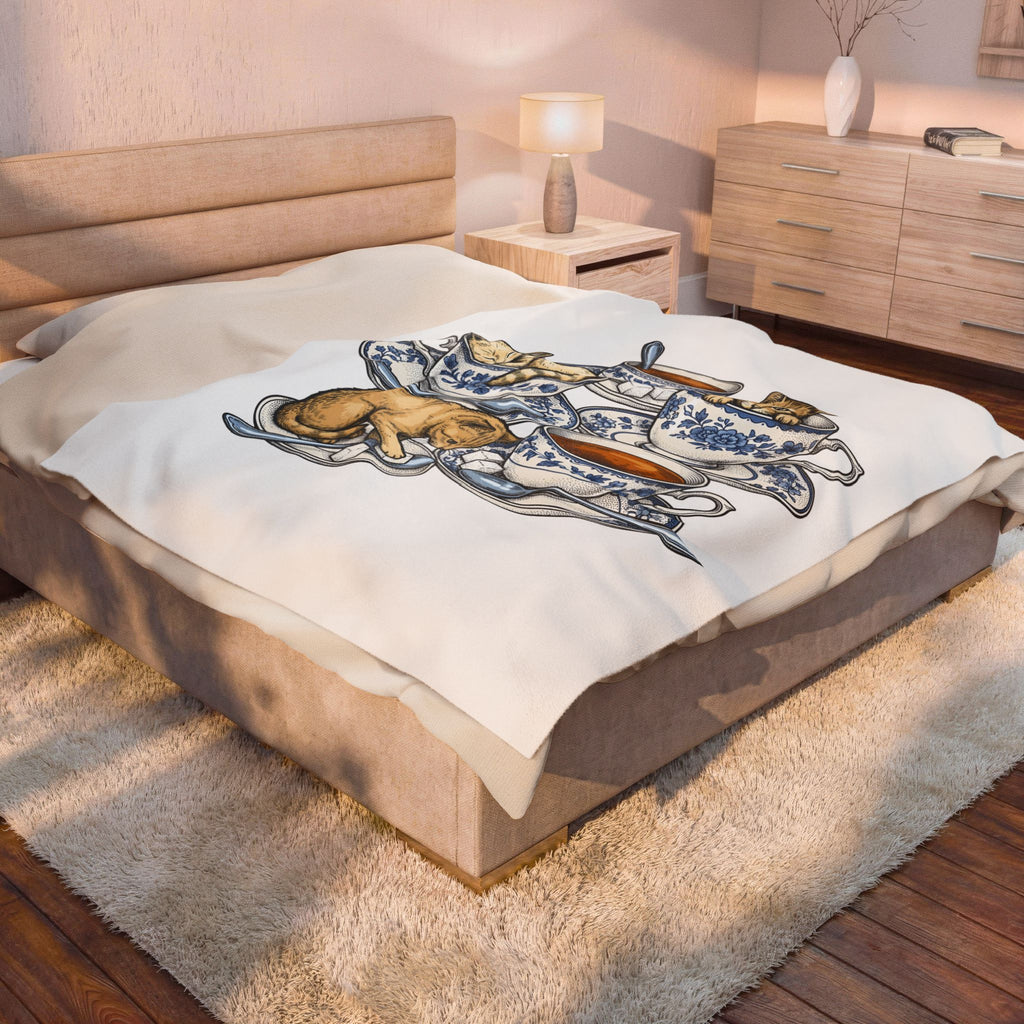 Cat Teacup Blanket Cat Beverage Gift Women Retro Blanket Kitty Blanket Cat Fan Vintage Blanket Coffee Graphic Sketch Flower Design Blanket