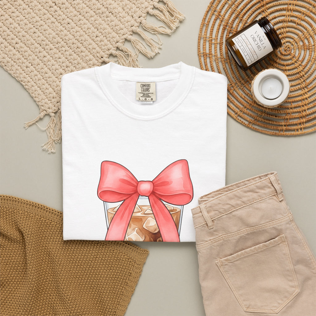 Iced Coffee T-Shirt Coffee Mom Gift Women Watercolor T-Shirt Cold Brew T-Shirt Coffee Fan Watercolour T-Shirt Mother Graphic Hand Drawn Pink Bow