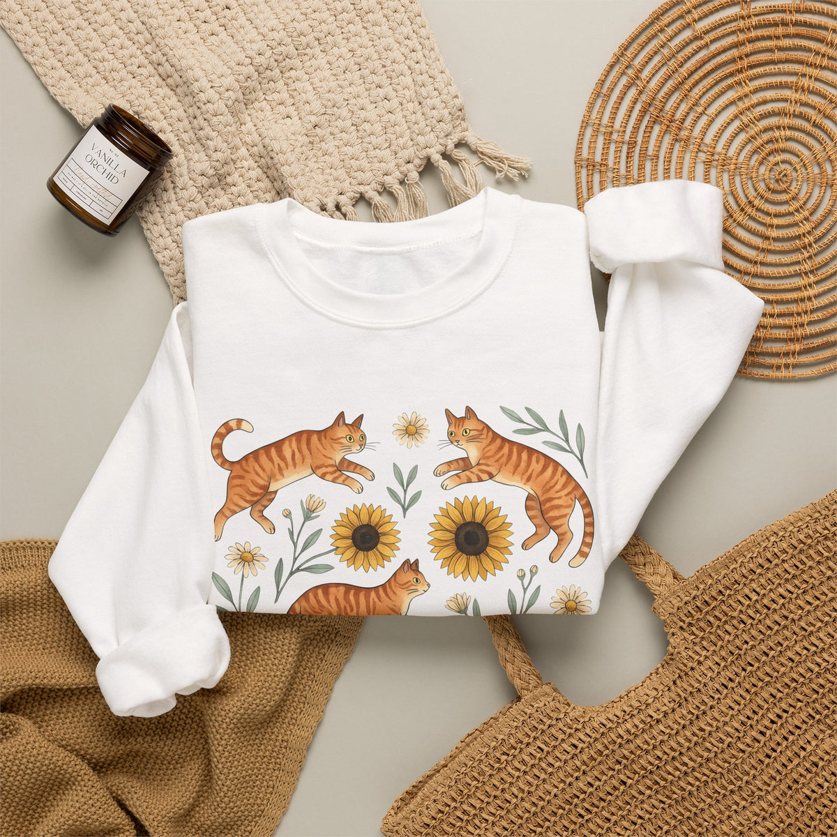 Ginger Cats Sweatshirt Cat Flower Gift Women Cartoon Sweatshirt Orange Cat Sweatshirt Cat Fan Feline Graphic Illustration Comic Sweatshirt Sketch Sunflower