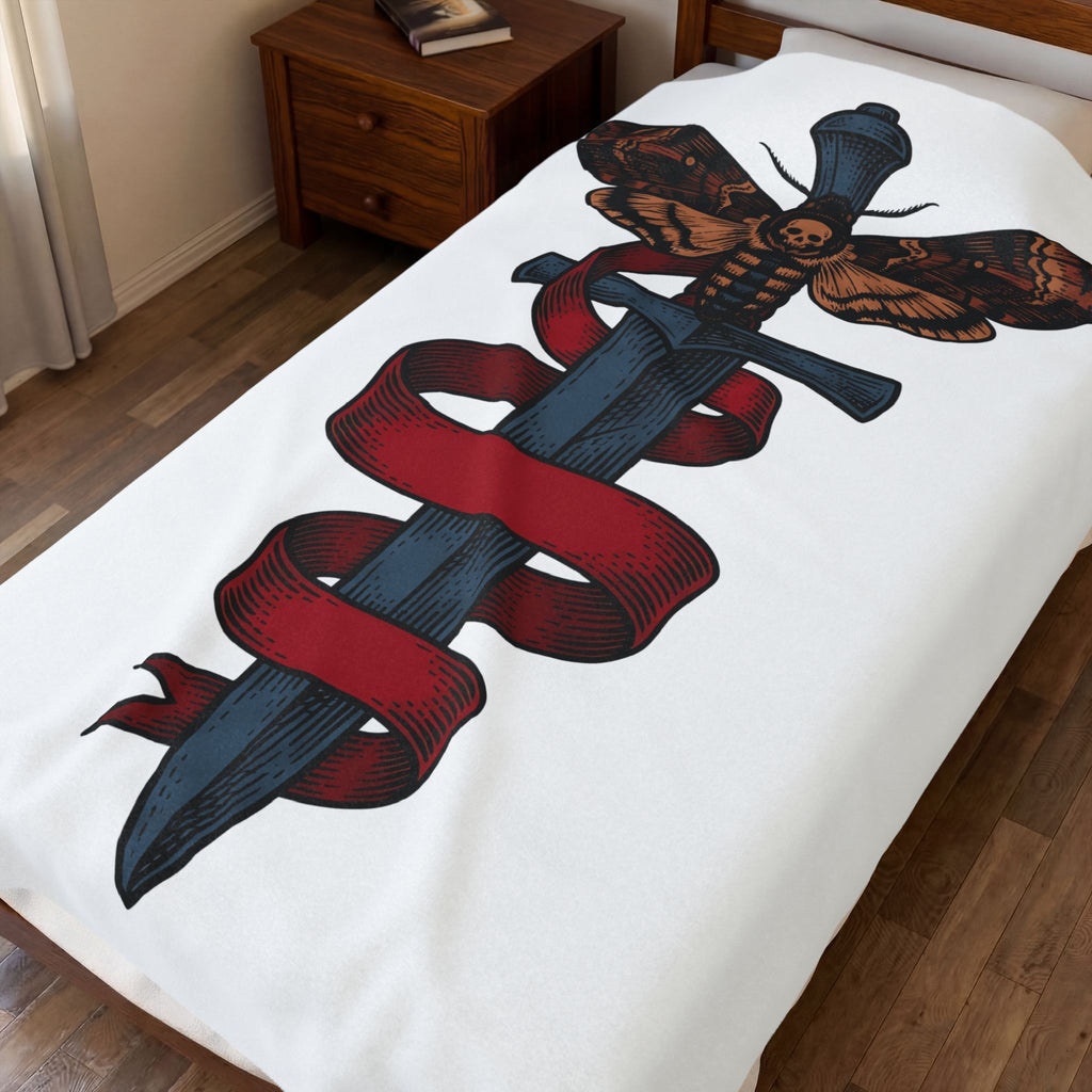 Death Moth Dagger Blanket Boho Chic Gothic Gift Women Tattoo Blanket Dagger Blanket Bohemian Fan Ink Blanket Dark Graphic Vintage Ribbon Blanket