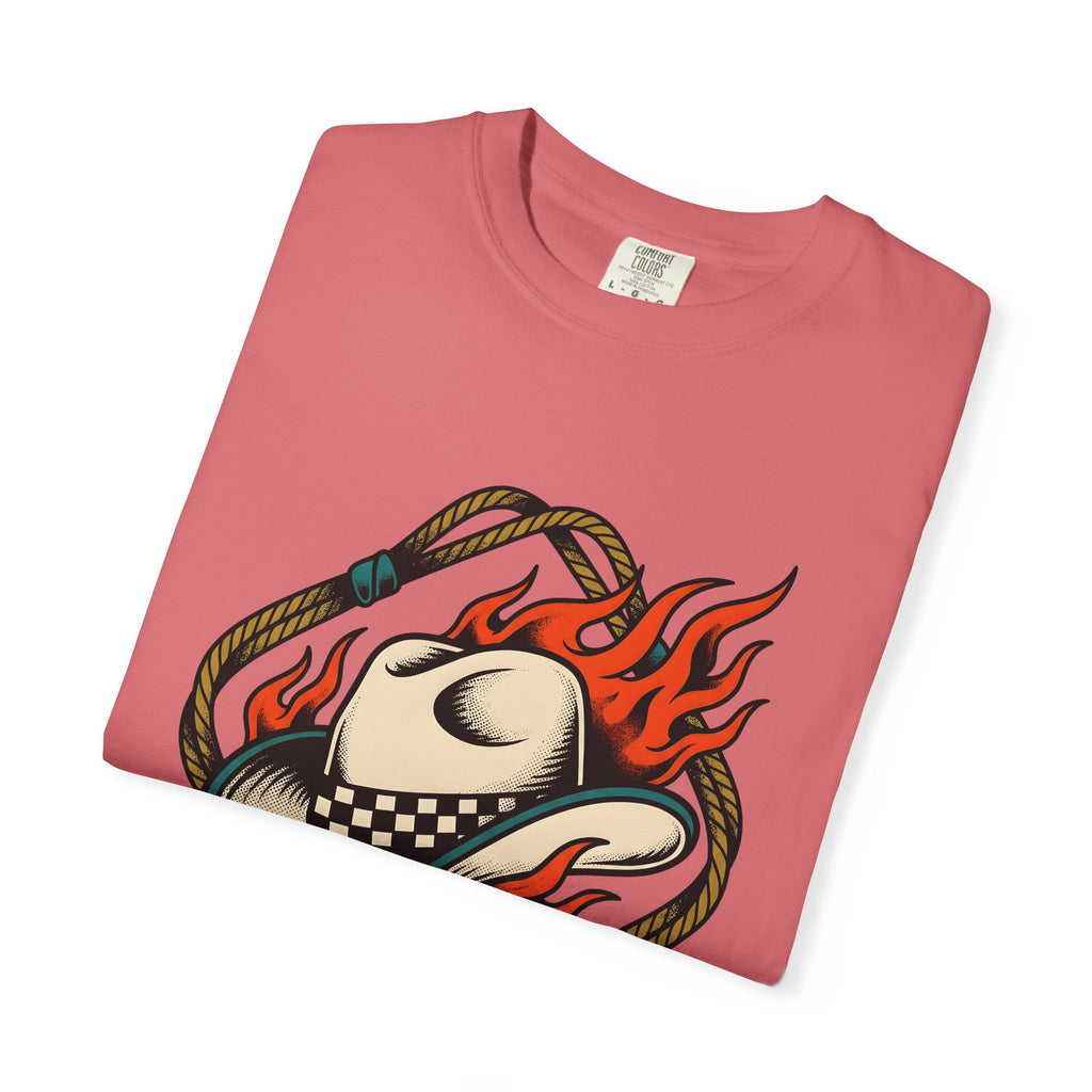 Cowboy Hat T-Shirt Cowgirl Western Gift Women Tattoo Art T-Shirt Stetson T-Shirt Rodeo Fan Tattooed T-Shirt Country Graphic Vintage Flames T-Shirt