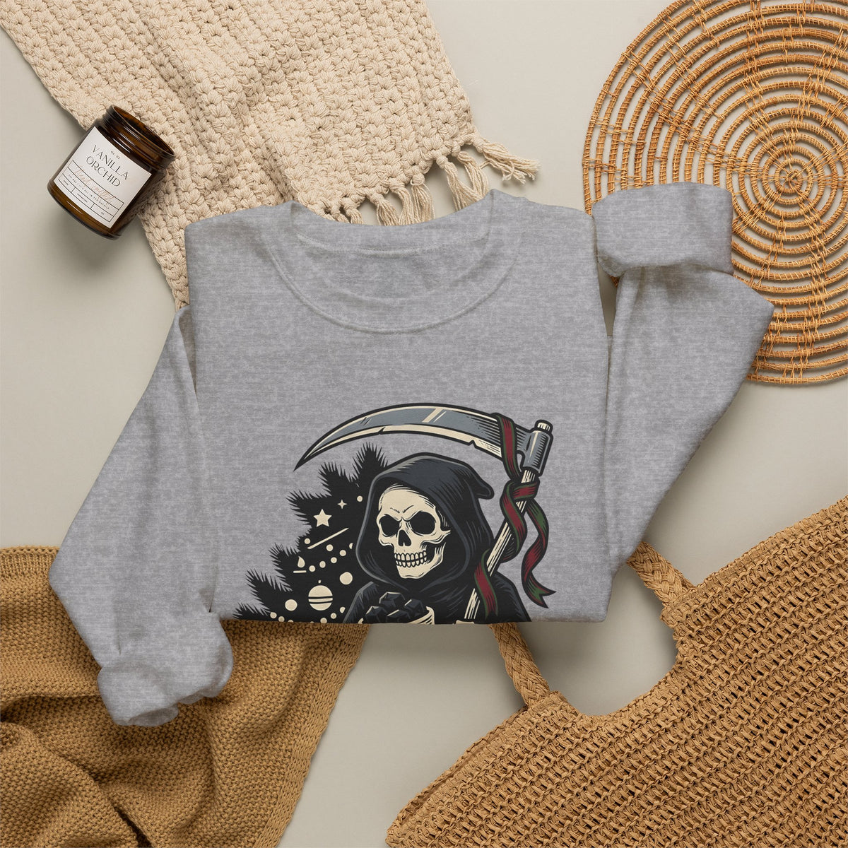 Death Figure Sweatshirt Christmas Dark Gift Women Distressed Sweatshirt Grim Reaper Sweatshirt Xmas Fan Gothic Sweatshirt Macabre Graphic