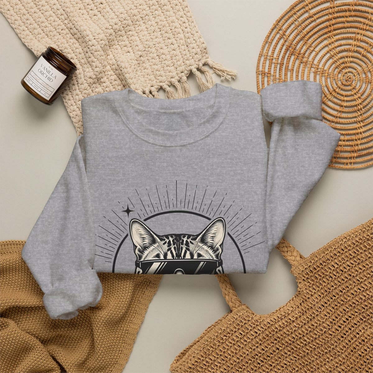 Stylish Cat Sweatshirt Cat Joke Gift Women Illustrative Sweatshirt Kitty Sweatshirt Feline Fan Catty Graphic Old School Cool Glasses Sweatshirt