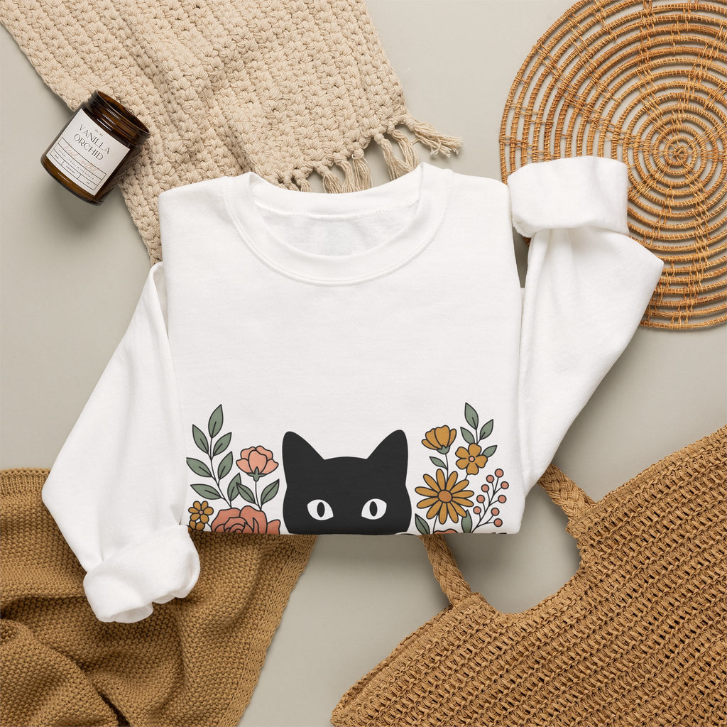 Black Cat Sweatshirt Halloween Garden Gift Women Print Art Sweatshirt Cat Sweatshirt Horror Fan Graphic Sweatshirt Yard Graphic Classic Flower Arrangement