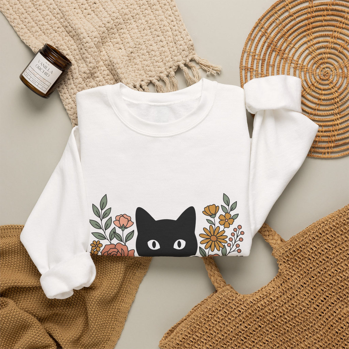 Black Cat Sweatshirt Halloween Garden Gift Women Print Art Sweatshirt Cat Sweatshirt Horror Fan Graphic Sweatshirt Yard Graphic Classic Flower Arrangement