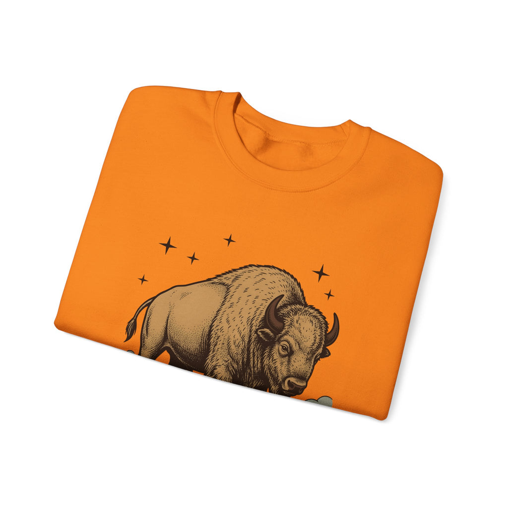 Buffalo Art Sweatshirt Animal Environment Gift Women Rustic Sweatshirt Bison Sweatshirt Wildlife Fan Primitive Sweatshirt Eco Graphic Line Art Star Symbols