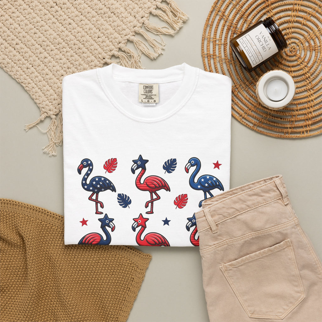 Flag Flamingo T-Shirt 4th Of July Holiday Gift Women Cartoonish T-Shirt Flamingo T-Shirt Independence Day Fan Retro T-Shirt Celebration Graphic Old