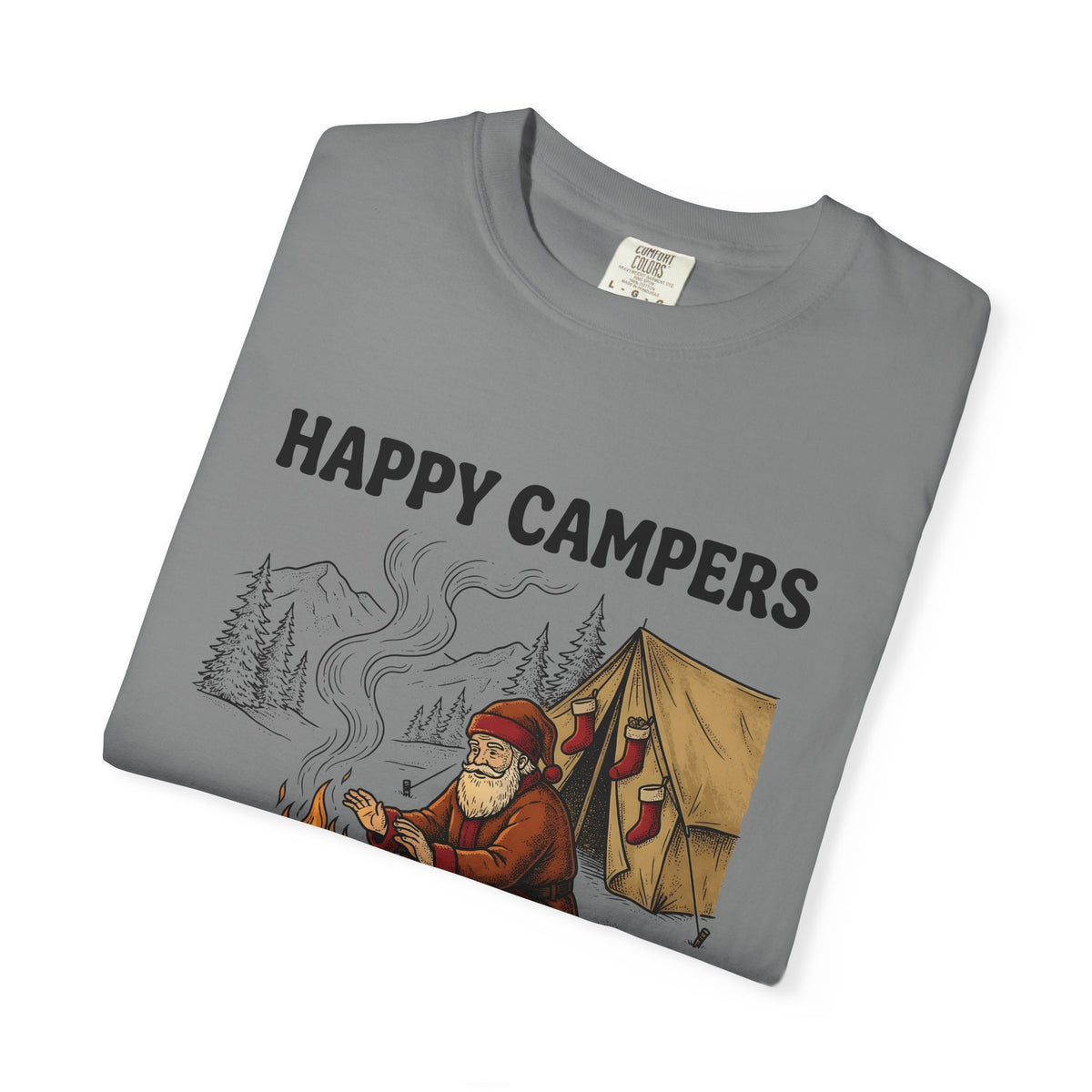 Santa Campfire T-Shirt Christmas Hiking Gift Women Rustic T-Shirt Krampus T-Shirt Xmas Fan Holiday Trek Graphic T-Shirt Line Art Camping Tent