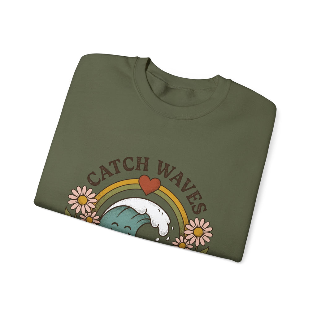 Happy Wave Sweatshirt Sports Beach Gift Women Vintage Sweatshirt Wave Sweatshirt Athlete Fan Surf Graphic Sweatshirt Hand Drawn Wildflowers Sweatshirt