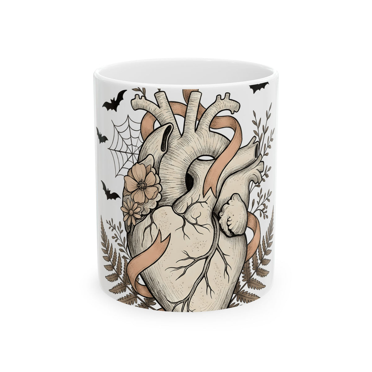Anatomical Heart Mug Halloween Gothic Gift Women Tattoo Art Mug Cardiac Mug Horror Fan Ink Mug Dark Graphic Vintage Bats Mug