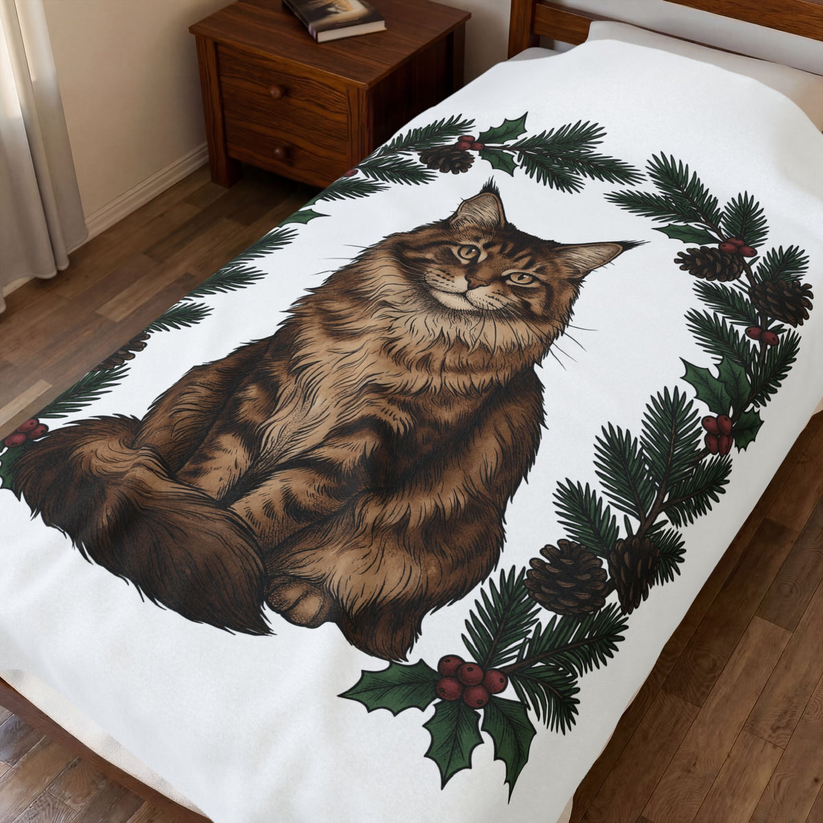Maine Coon Kitten Blanket Cat Holiday Gift Women Floral Blanket Kitten Blanket Cat Fan Fancy Blanket Christmas Graphic Retro Pine Twigs Blanket