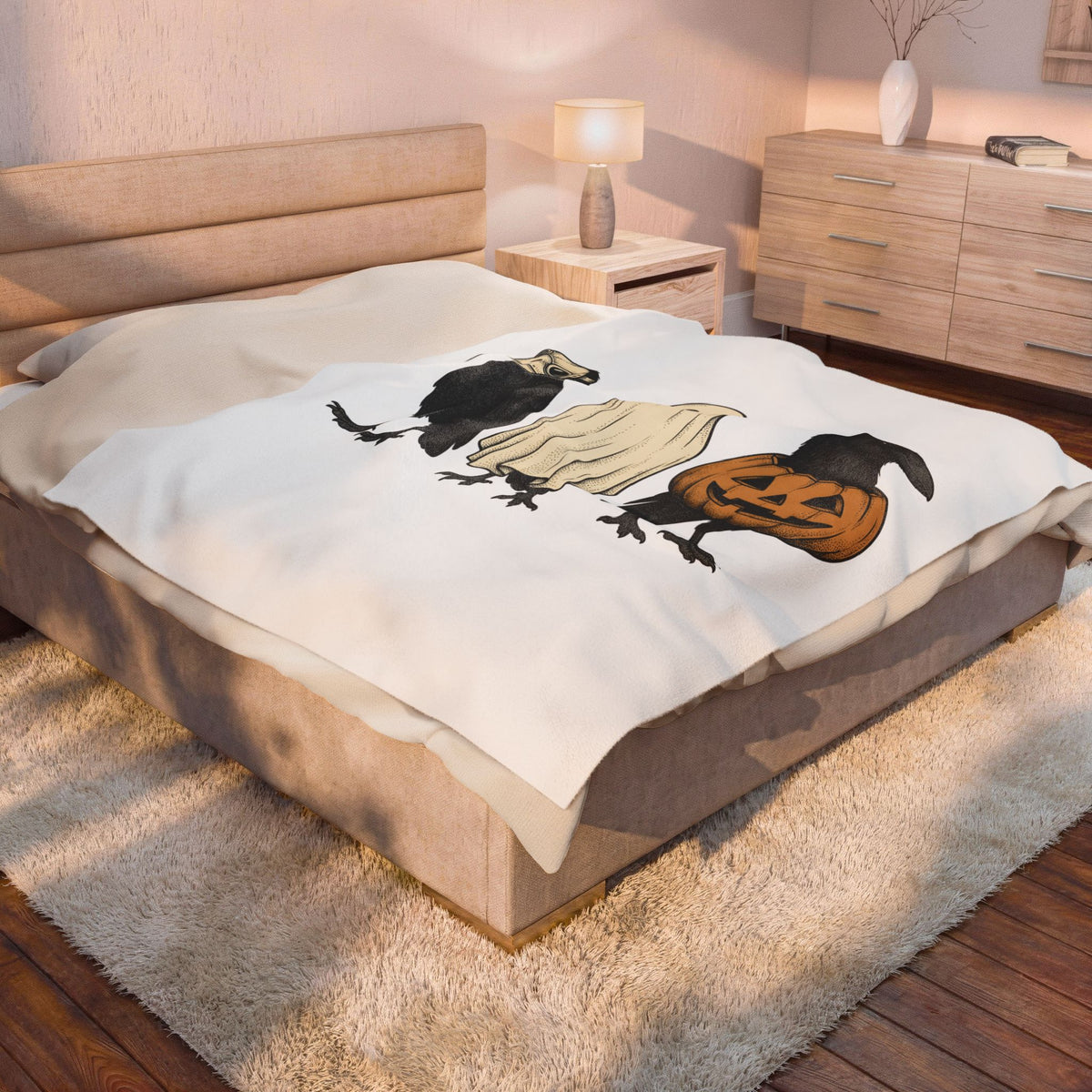 Raven Outfit Blanket Halloween Horror Gift Women Retro Blanket Crow Outfit Blanket Horror Fan Creepy Graphic Blanket Sketch Jack-O-Lantern Blanket