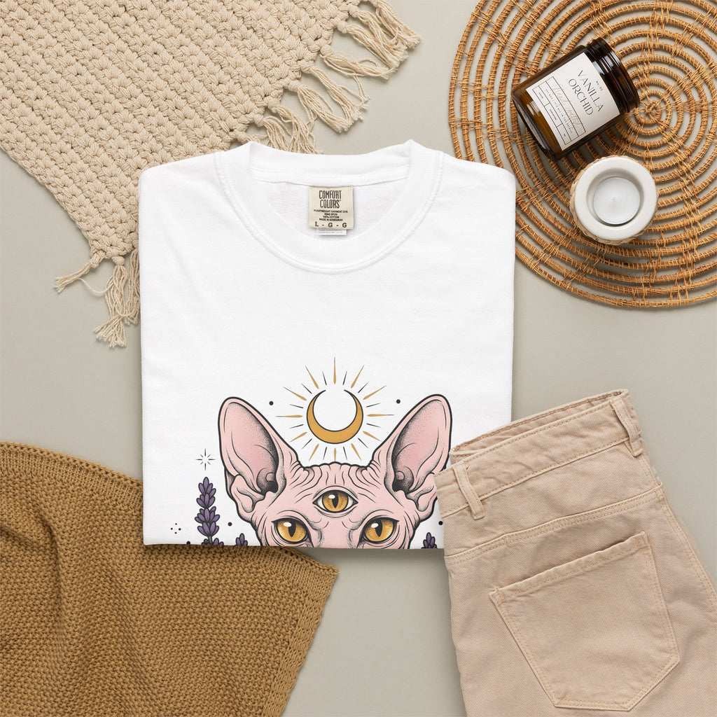 Sphynx Cat T-Shirt Boho Chic Metaphysical Gift Women Line Art T-Shirt Hairless Cat T-Shirt Bohemian Fan Minimalist T-Shirt Spiritual Graphic Folk