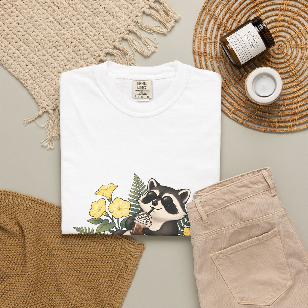 Raccoon Cappuccino T-Shirt Coffee Pet Gift Women Cartoon T-Shirt Cappuccino T-Shirt Coffee Fan Caricature T-Shirt Animal Graphic Outline Florals